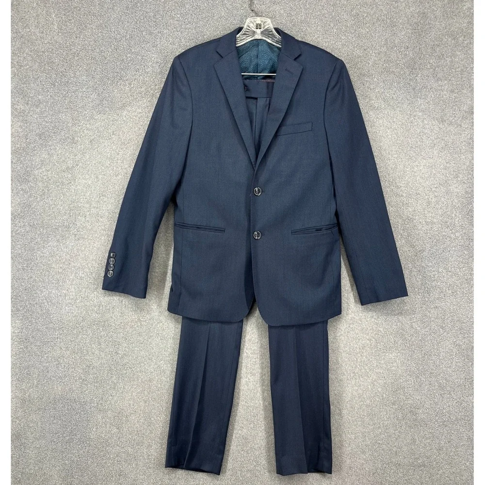 TO Collection Mens Navy Blue Herringbone Suit Blazer Pants‎ Set Size 18